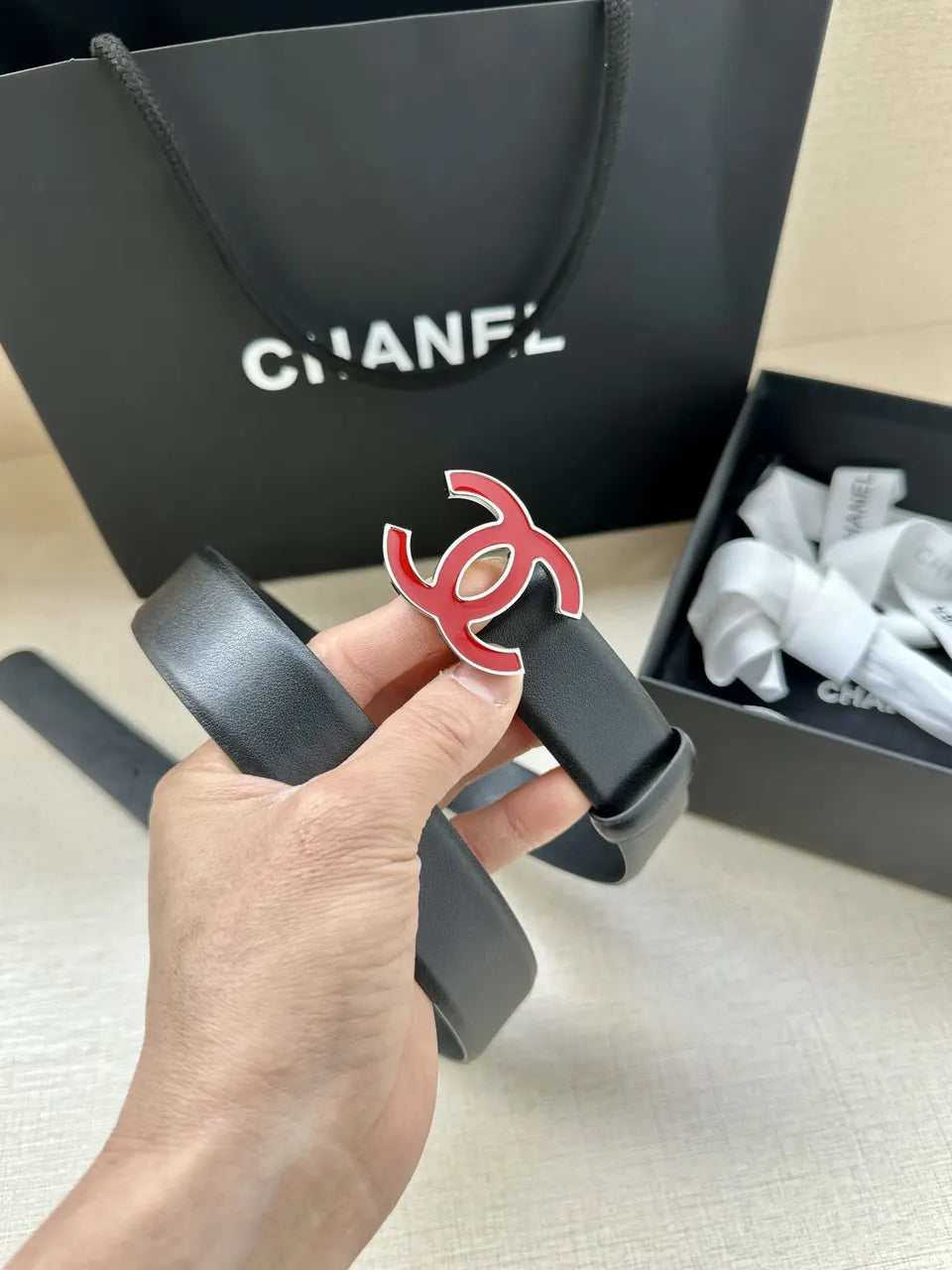Chanel Red CC Black Belt - Hình 3