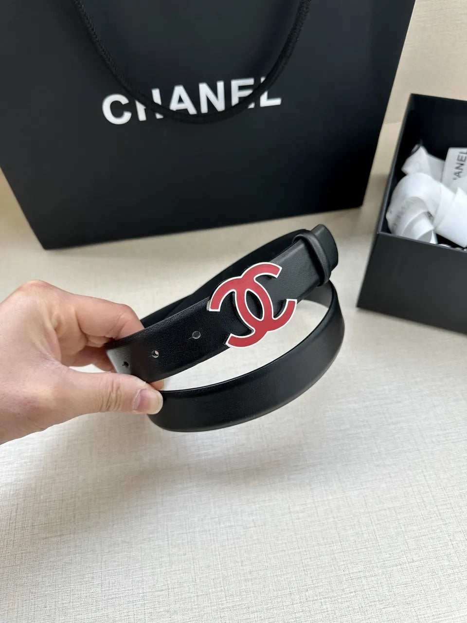 Chanel Red CC Black Belt - Hình 4