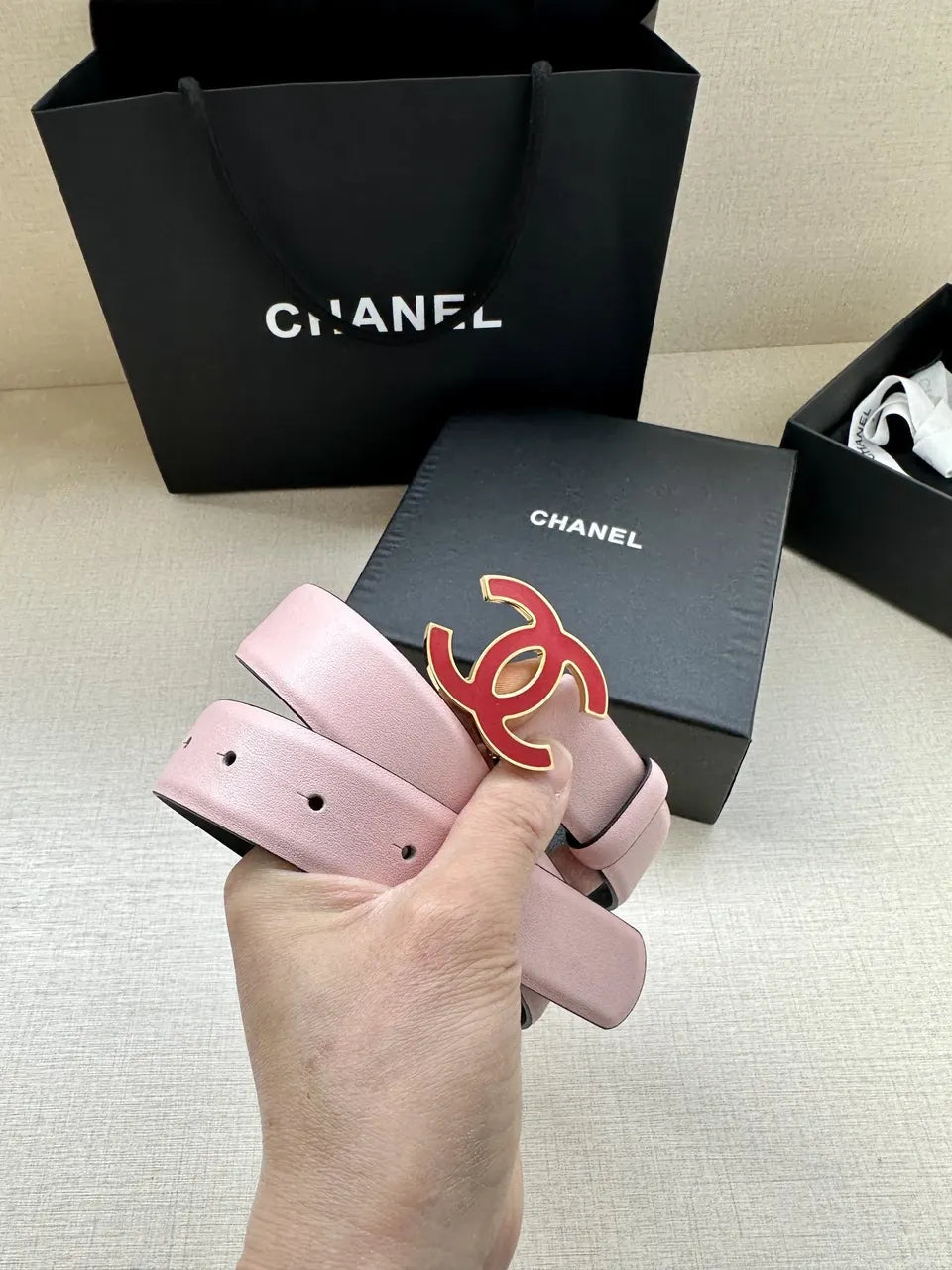 Chanel Light Pink Leather Belt - Hình 4