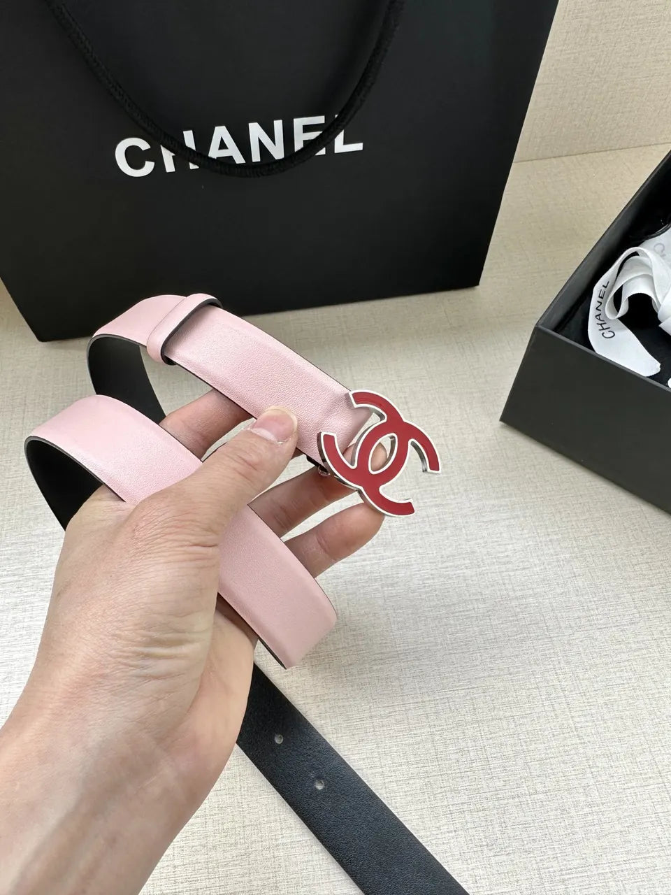 Chanel Light Pink Leather Belt - Hình 7