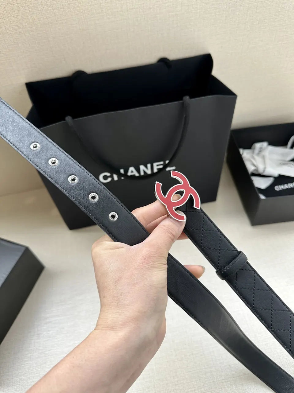 Chanel Quilted Leather Belt Red - Hình 4