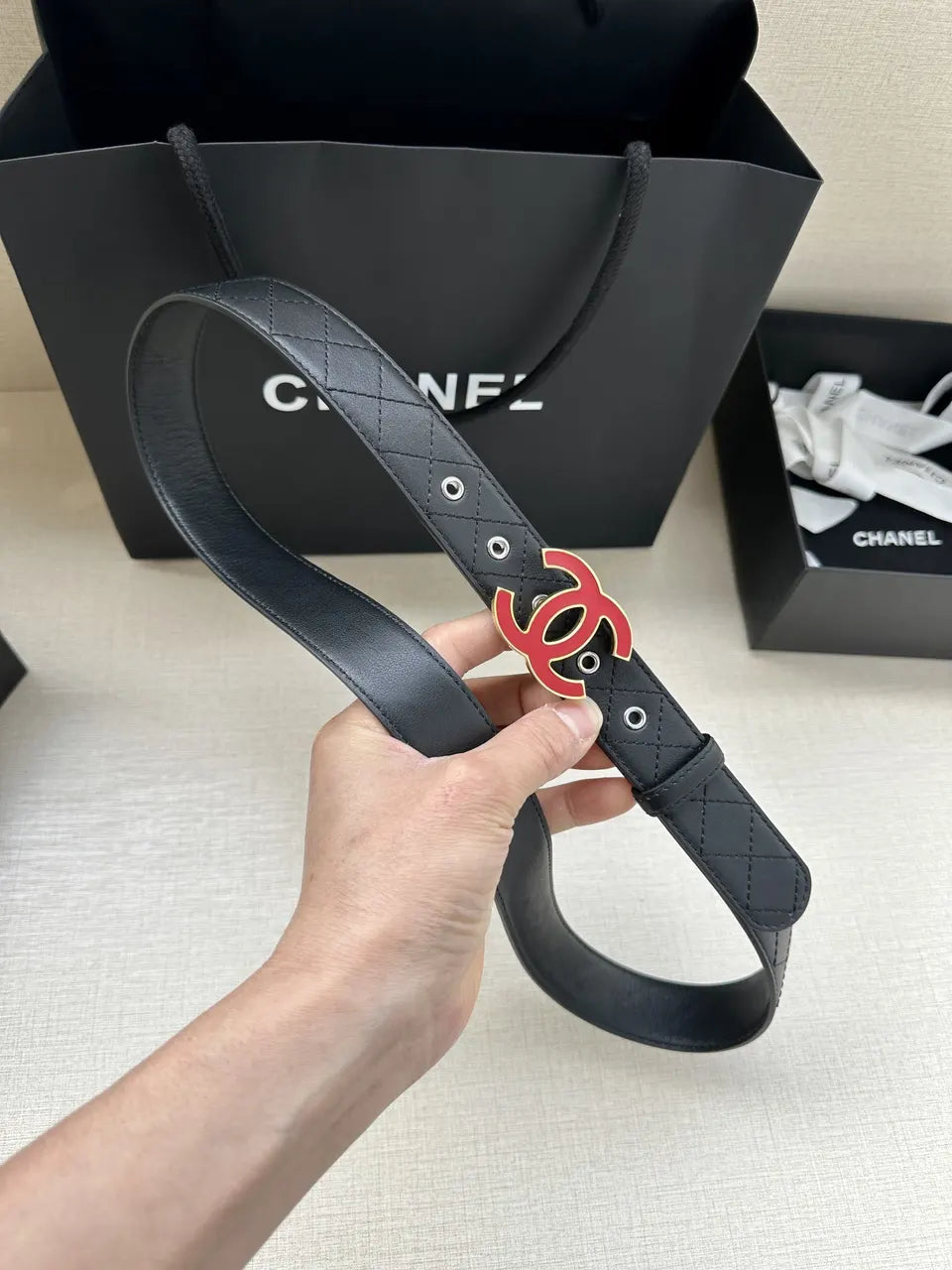 Chanel Quilted Leather Belt Red - Hình 6