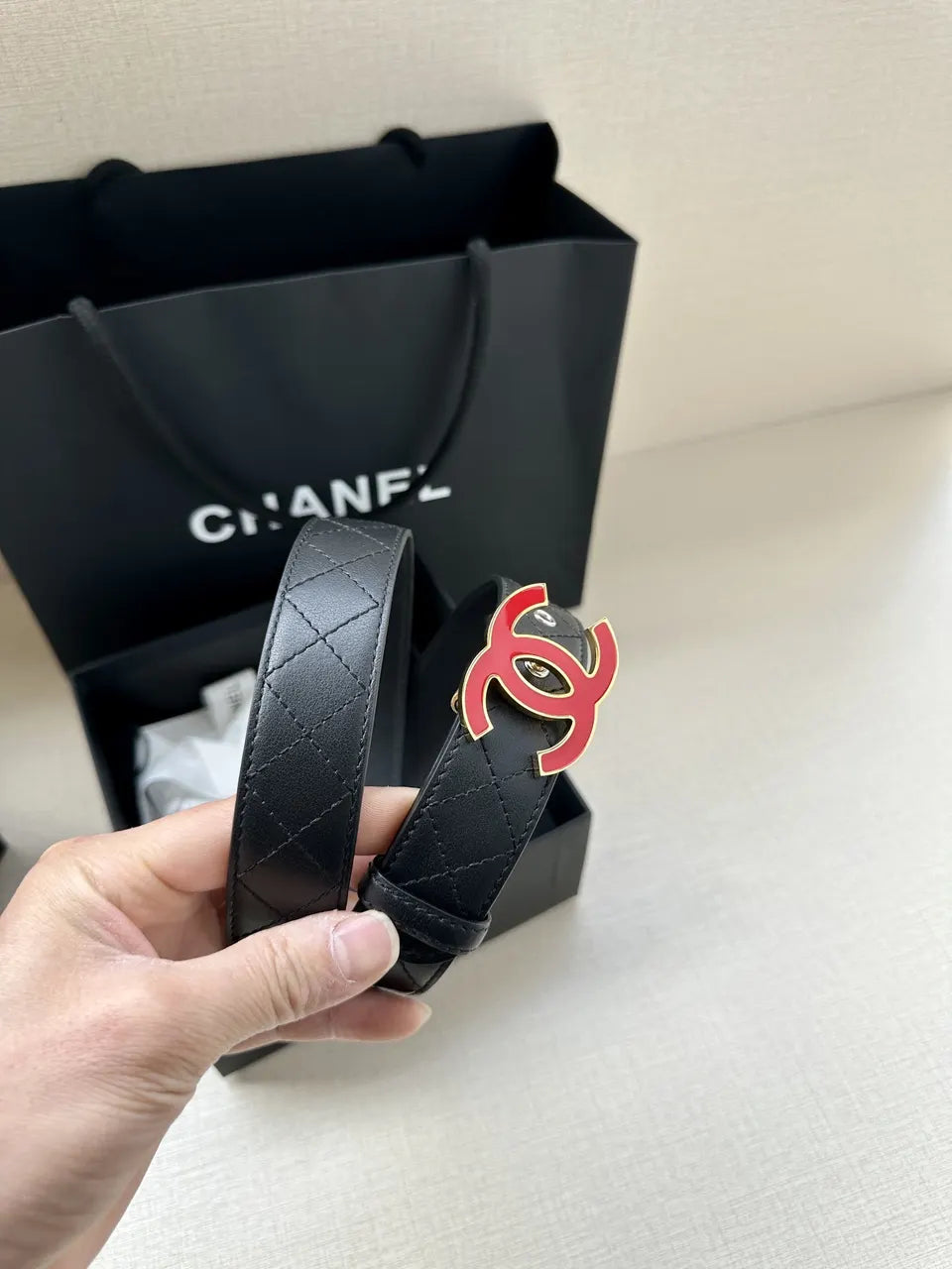 Chanel Quilted Leather Belt Red - Hình 8