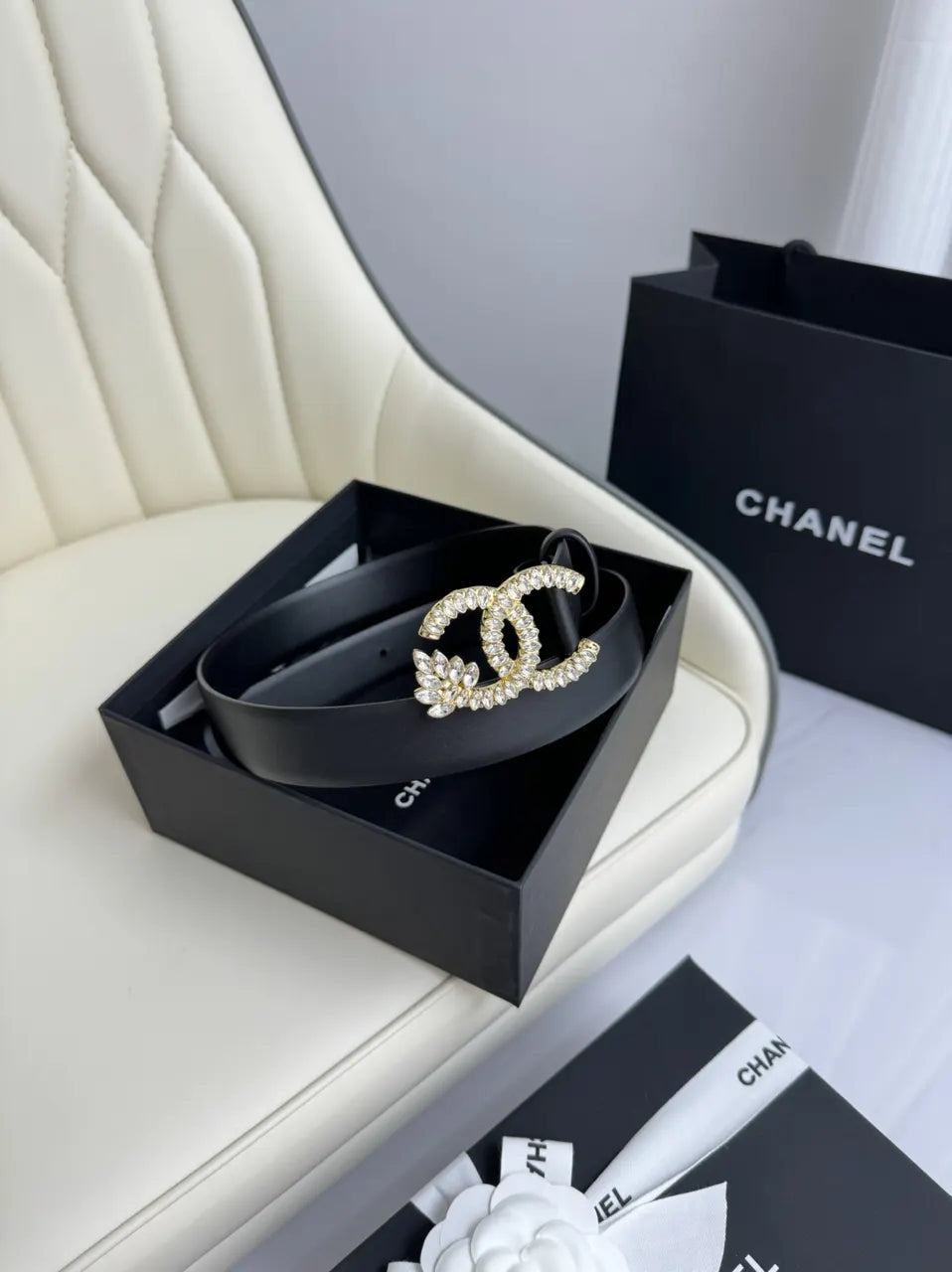 Chanel Black Leather Belt Crystal CC