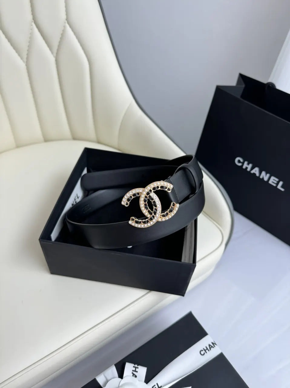 rhinestone Chanel Black Leather Belt