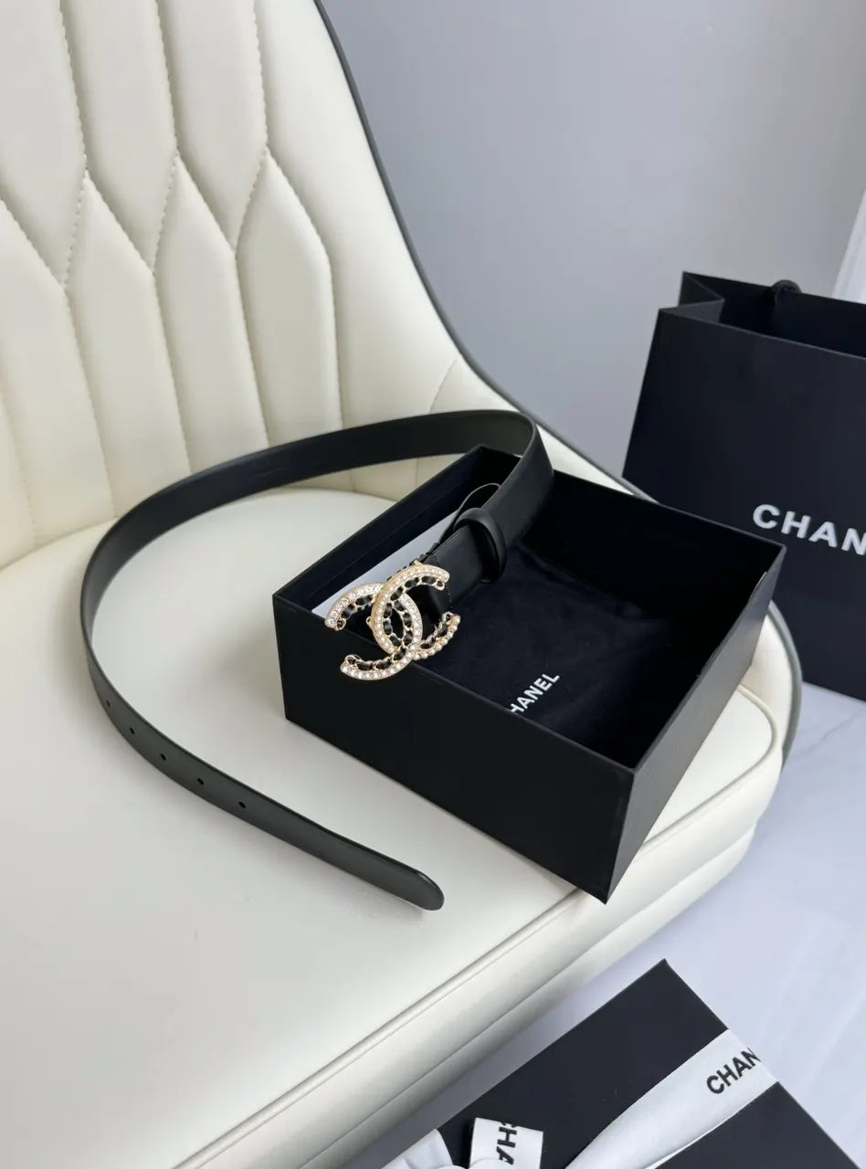rhinestone Chanel Black Leather Belt - Hình 2