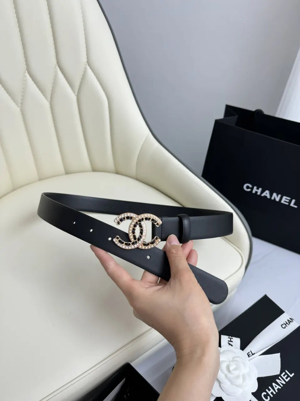 rhinestone Chanel Black Leather Belt - Hình 3