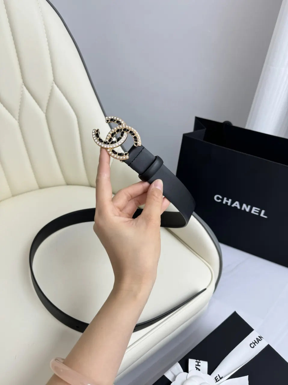 rhinestone Chanel Black Leather Belt - Hình 4