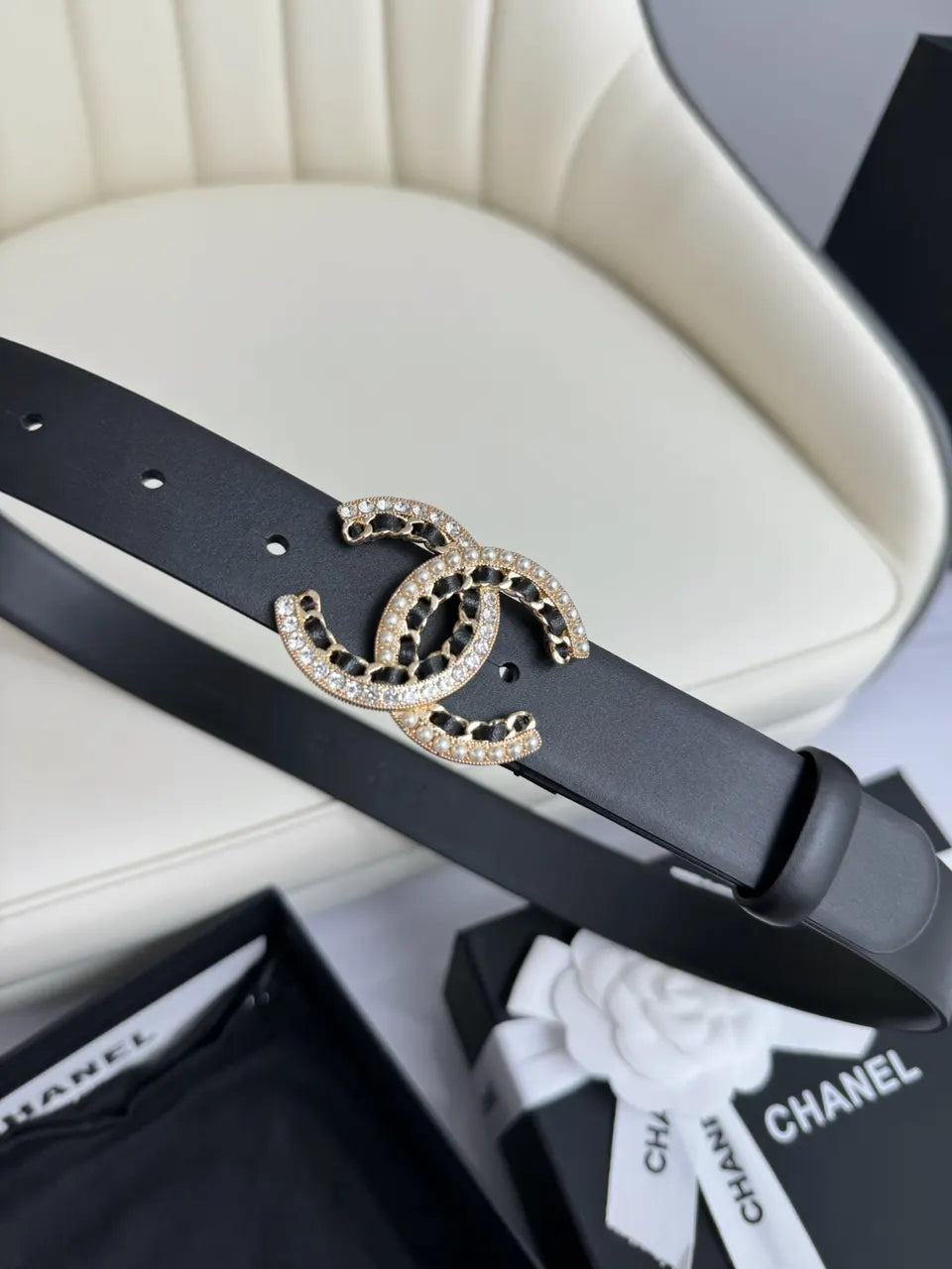 rhinestone Chanel Black Leather Belt - Hình 5