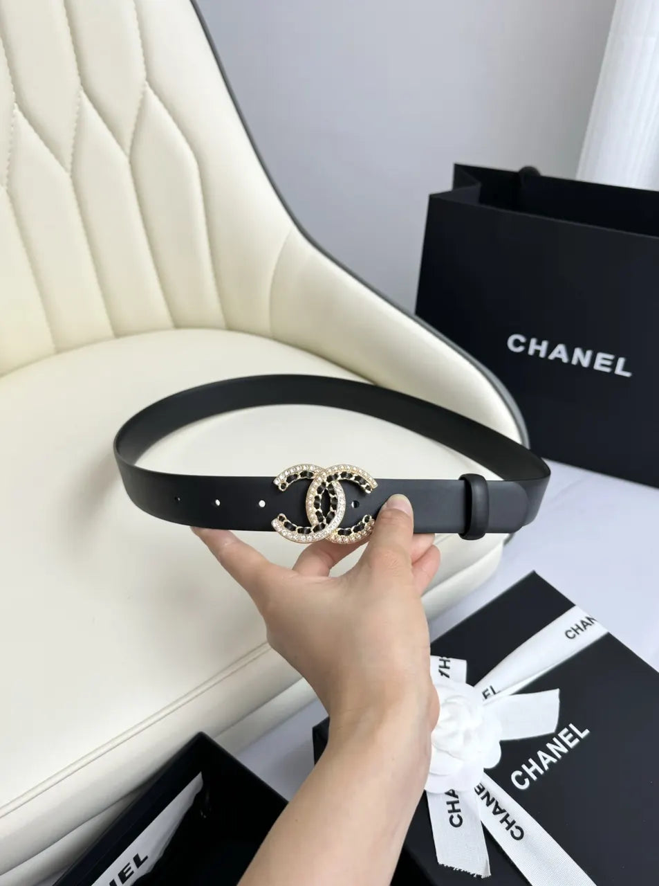 rhinestone Chanel Black Leather Belt - Hình 8