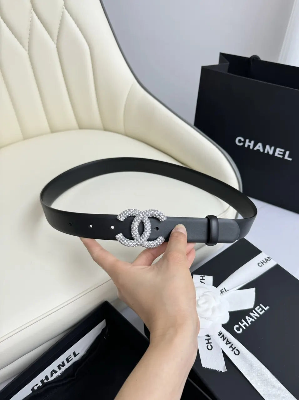 Chanel Rhinestone CC Belt black - Hình 7