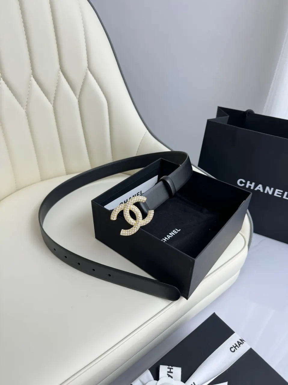 crystal Chanel Black Leather Belt
