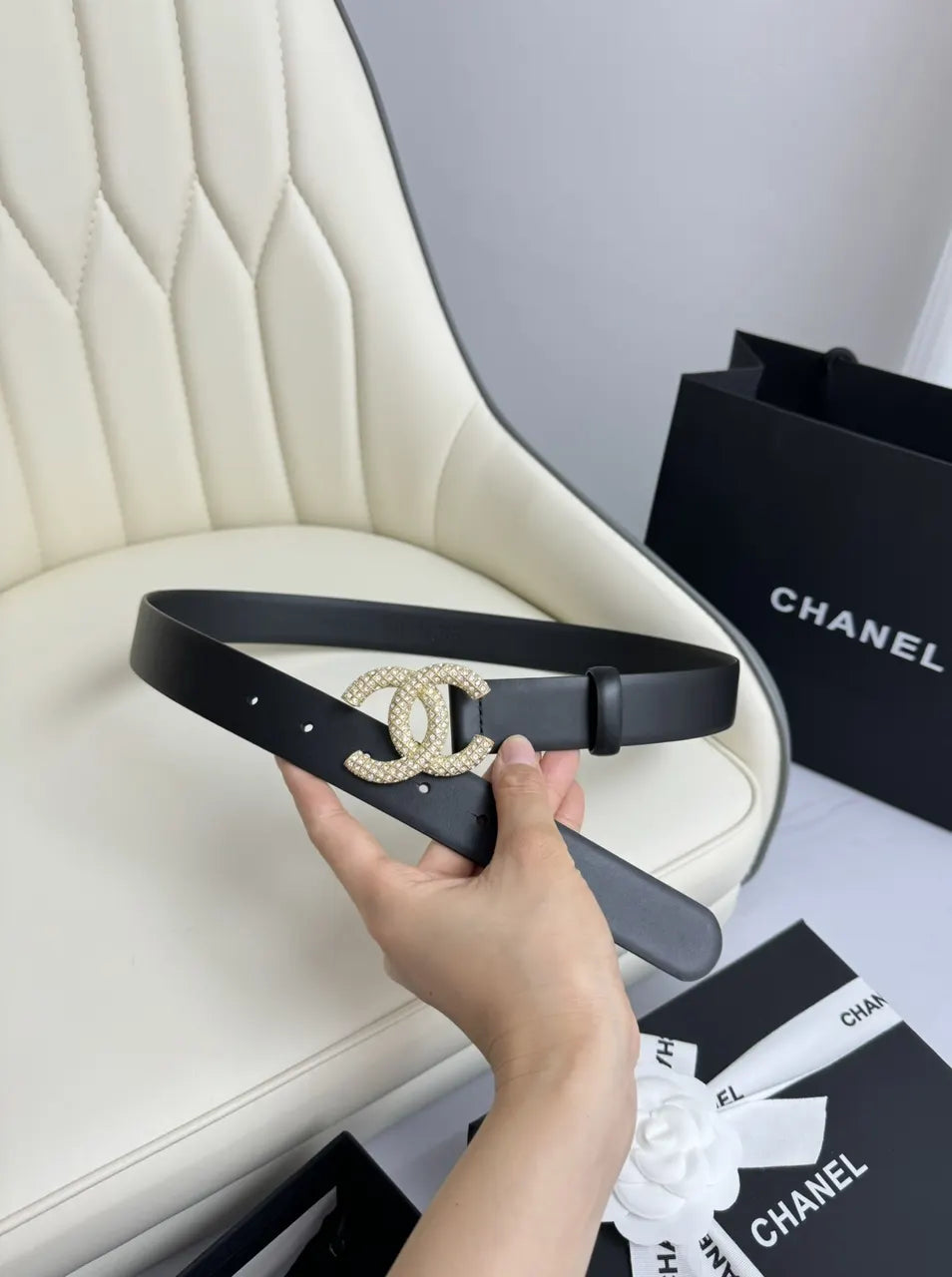 crystal Chanel Black Leather Belt - Hình 2