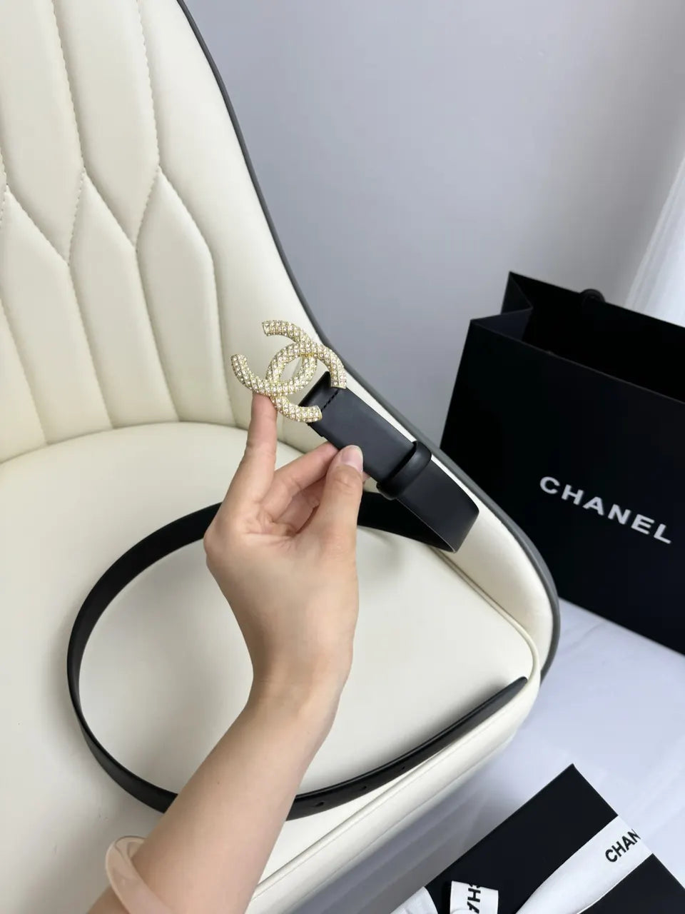 crystal Chanel Black Leather Belt - Hình 3