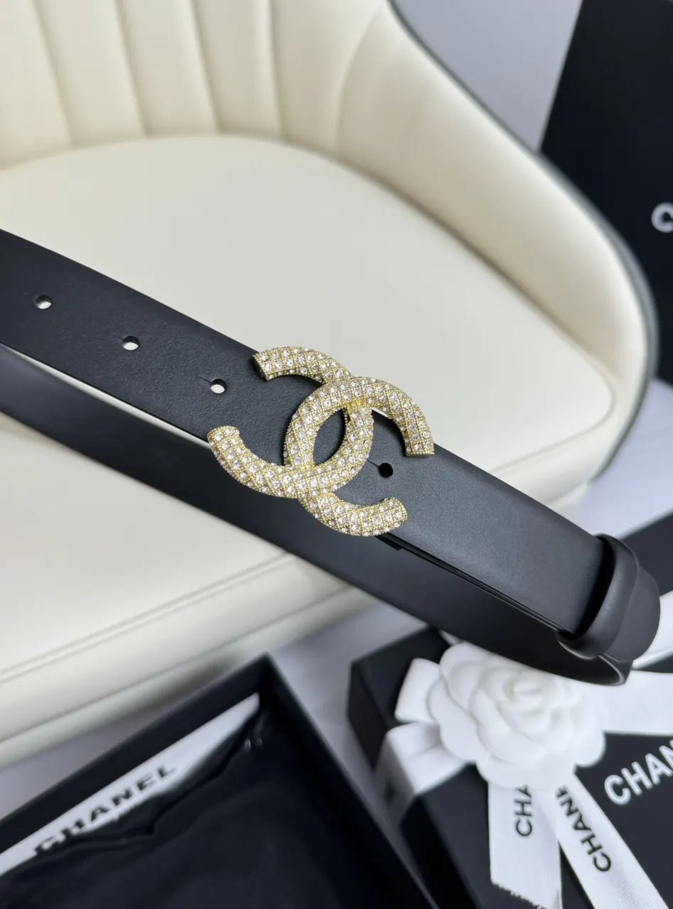 crystal Chanel Black Leather Belt - Hình 4