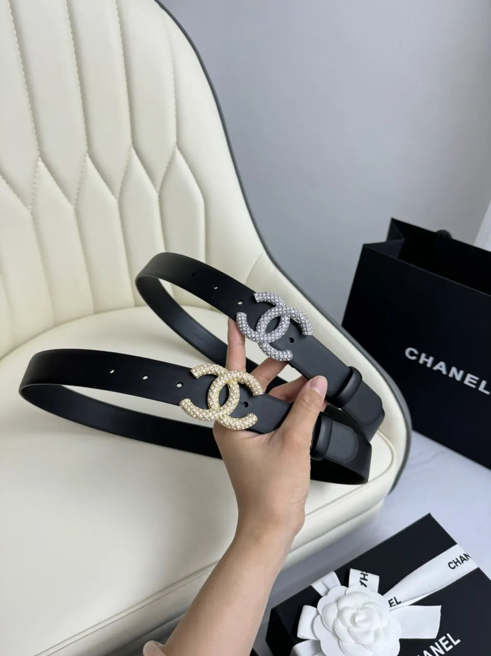 crystal Chanel Black Leather Belt - Hình 7