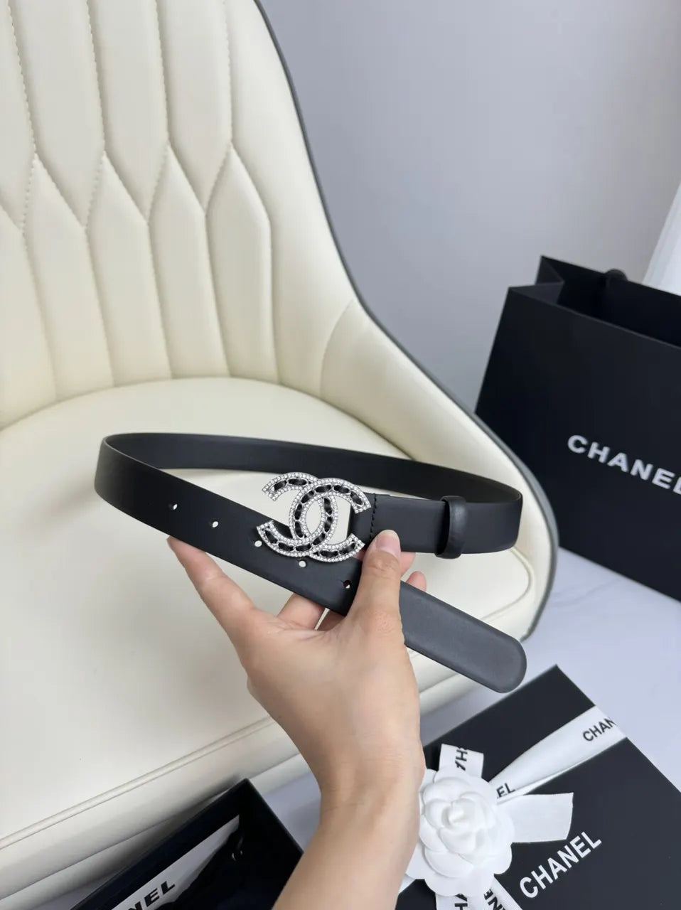 Chanel Rhinestone CC Belt black - Hình 3