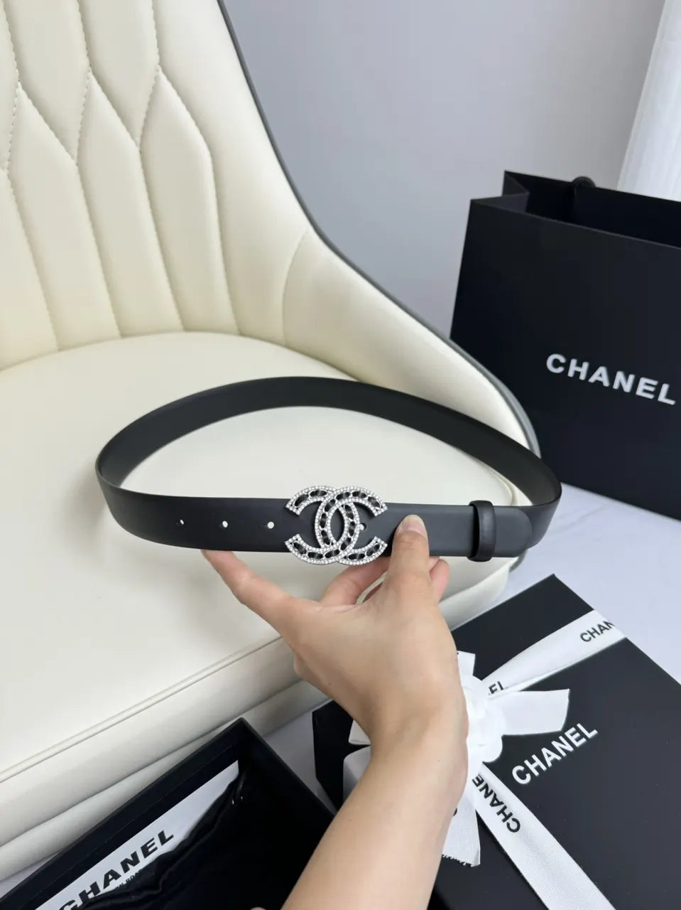 Chanel Rhinestone CC Belt black - Hình 8