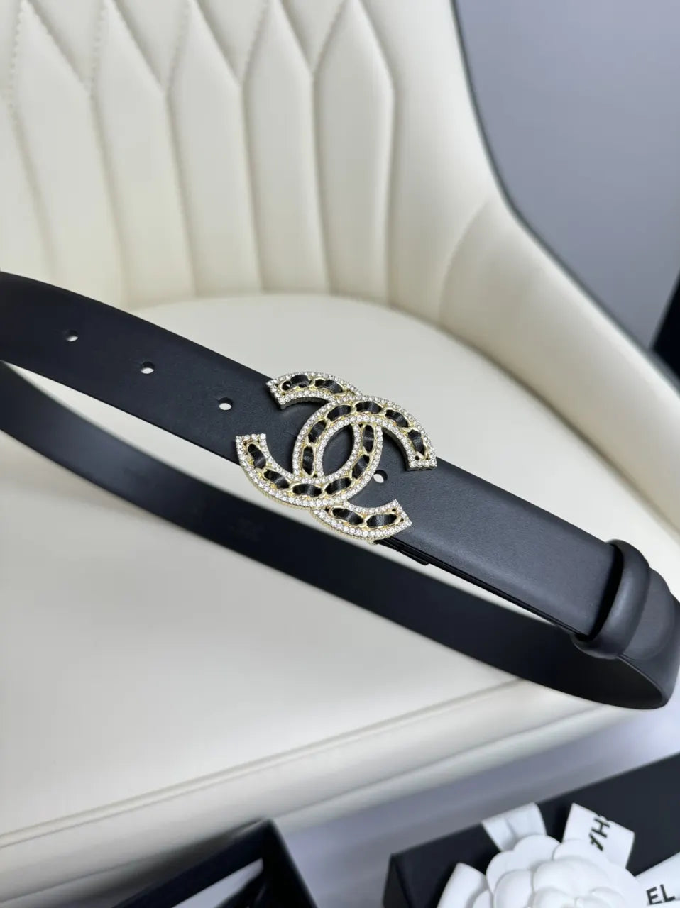 black Chanel Rhinestone CC Belt - Hình 5