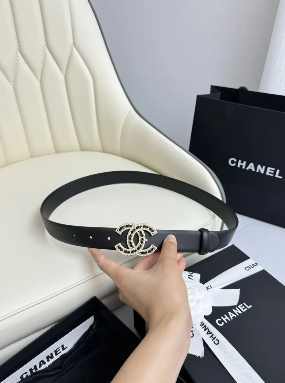 black Chanel Rhinestone CC Belt - Hình 8