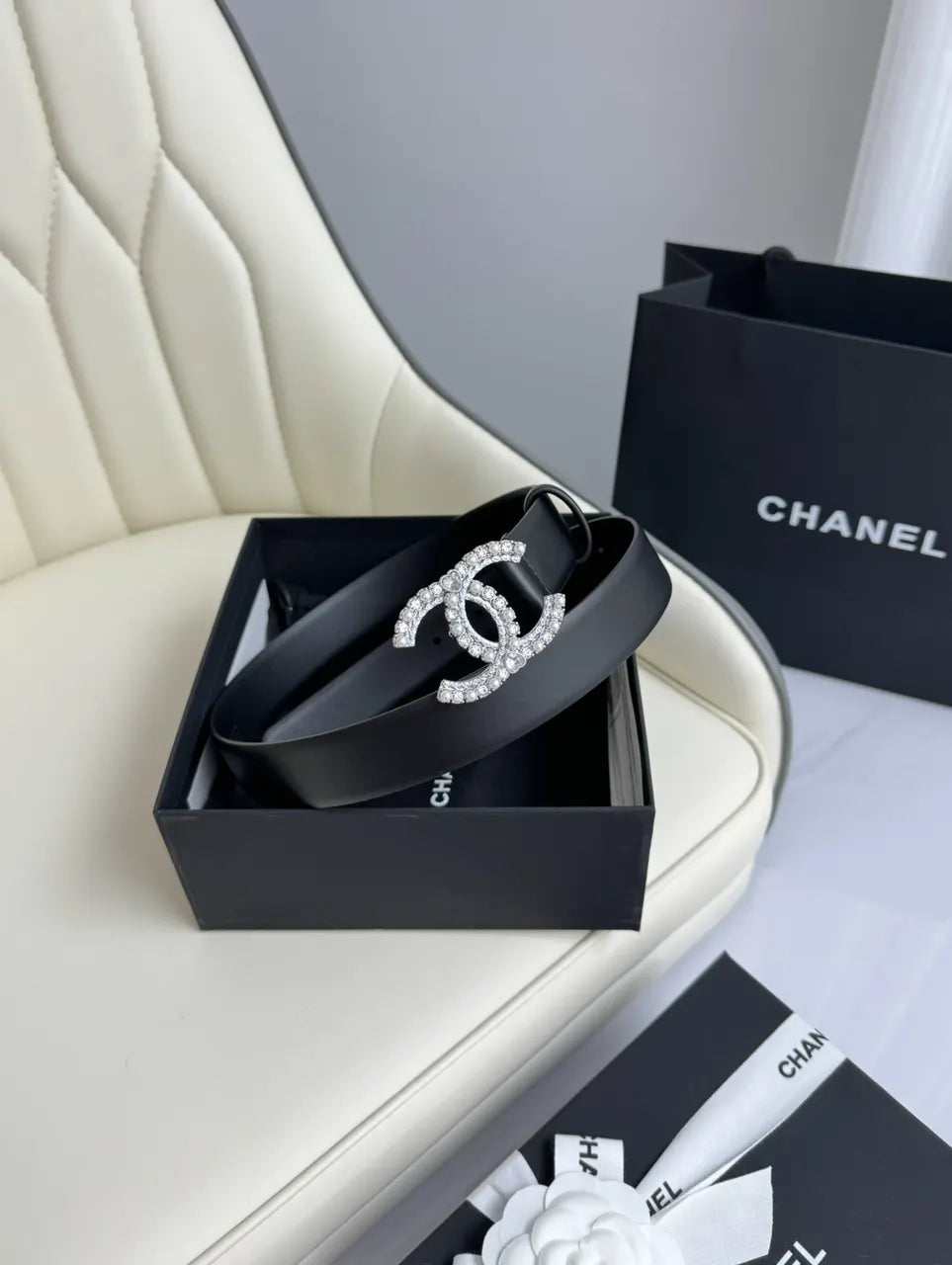 crystal Chanel Black Leather Belt