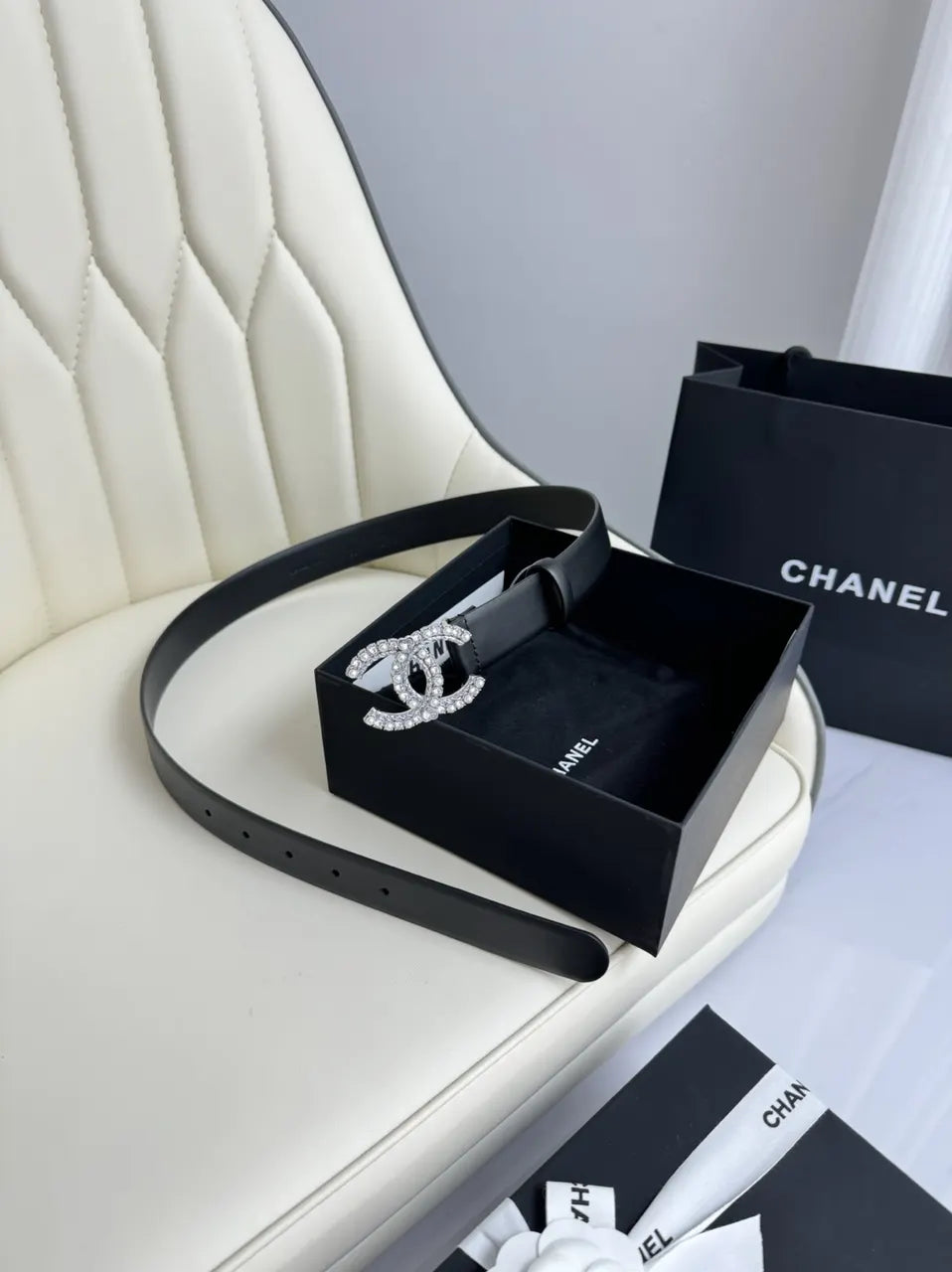 crystal Chanel Black Leather Belt - Hình 2