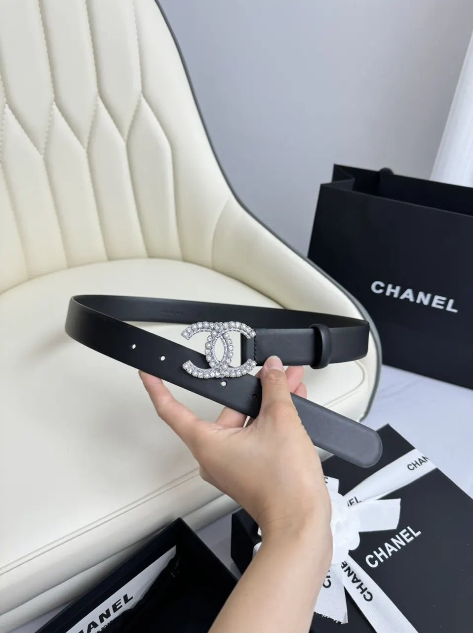 crystal Chanel Black Leather Belt - Hình 3