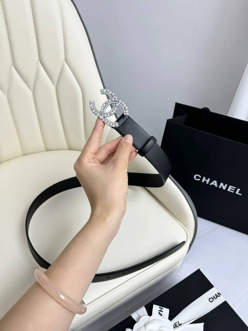crystal Chanel Black Leather Belt - Hình 4