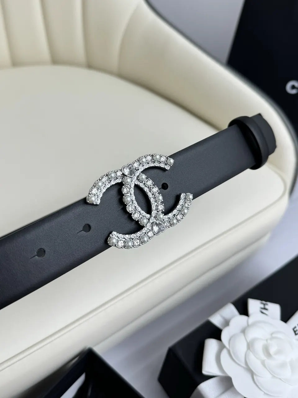 crystal Chanel Black Leather Belt - Hình 5