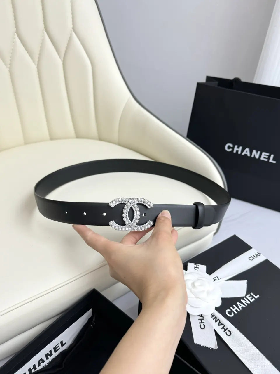 crystal Chanel Black Leather Belt - Hình 8