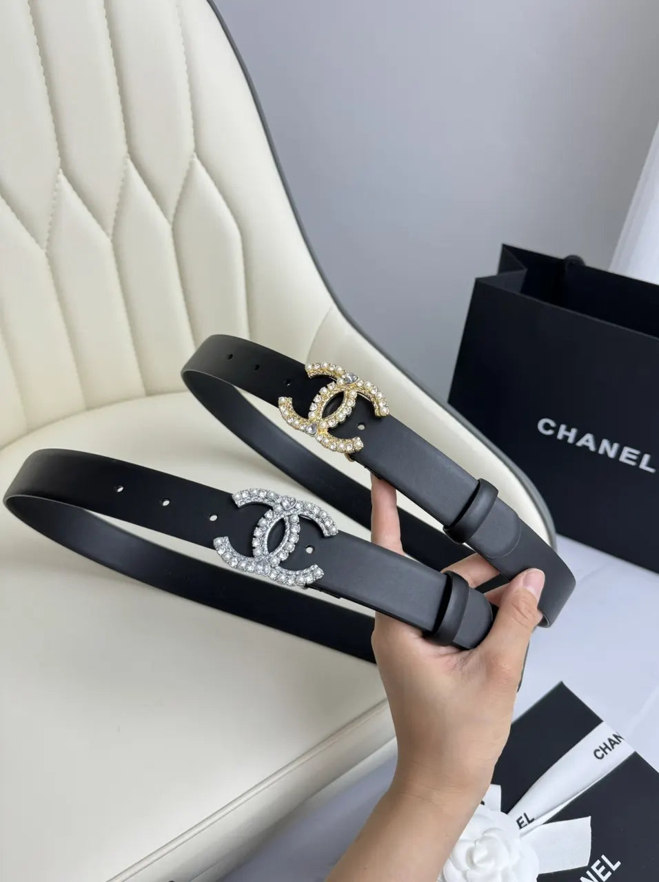crystal Chanel Black Leather Belt - Hình 9