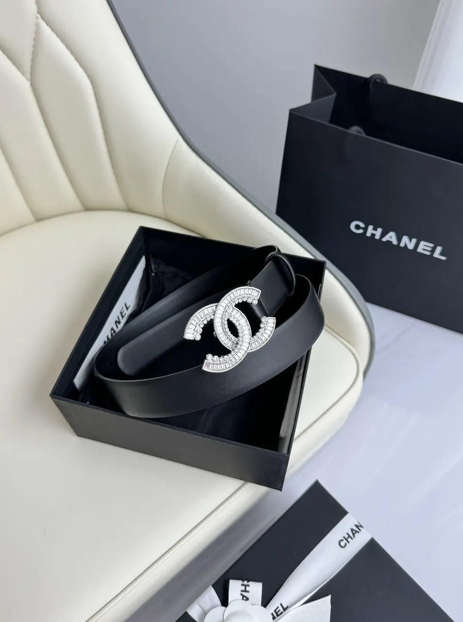 rhinestone Chanel Black Leather Belt