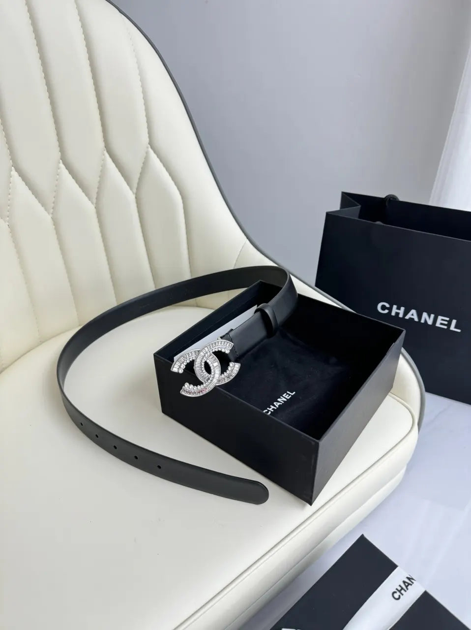 rhinestone Chanel Black Leather Belt - Hình 2