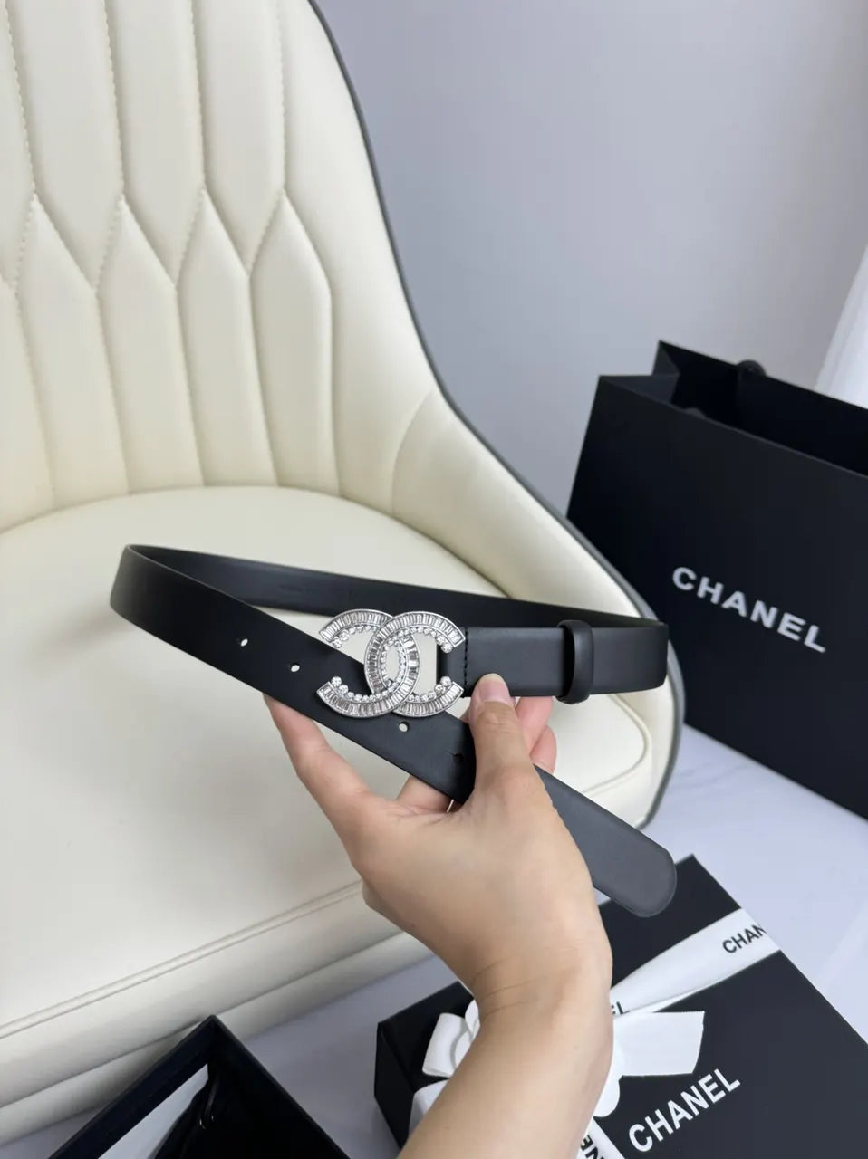 rhinestone Chanel Black Leather Belt - Hình 3