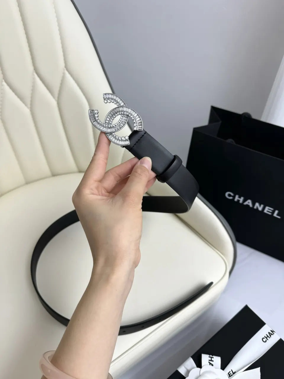rhinestone Chanel Black Leather Belt - Hình 4