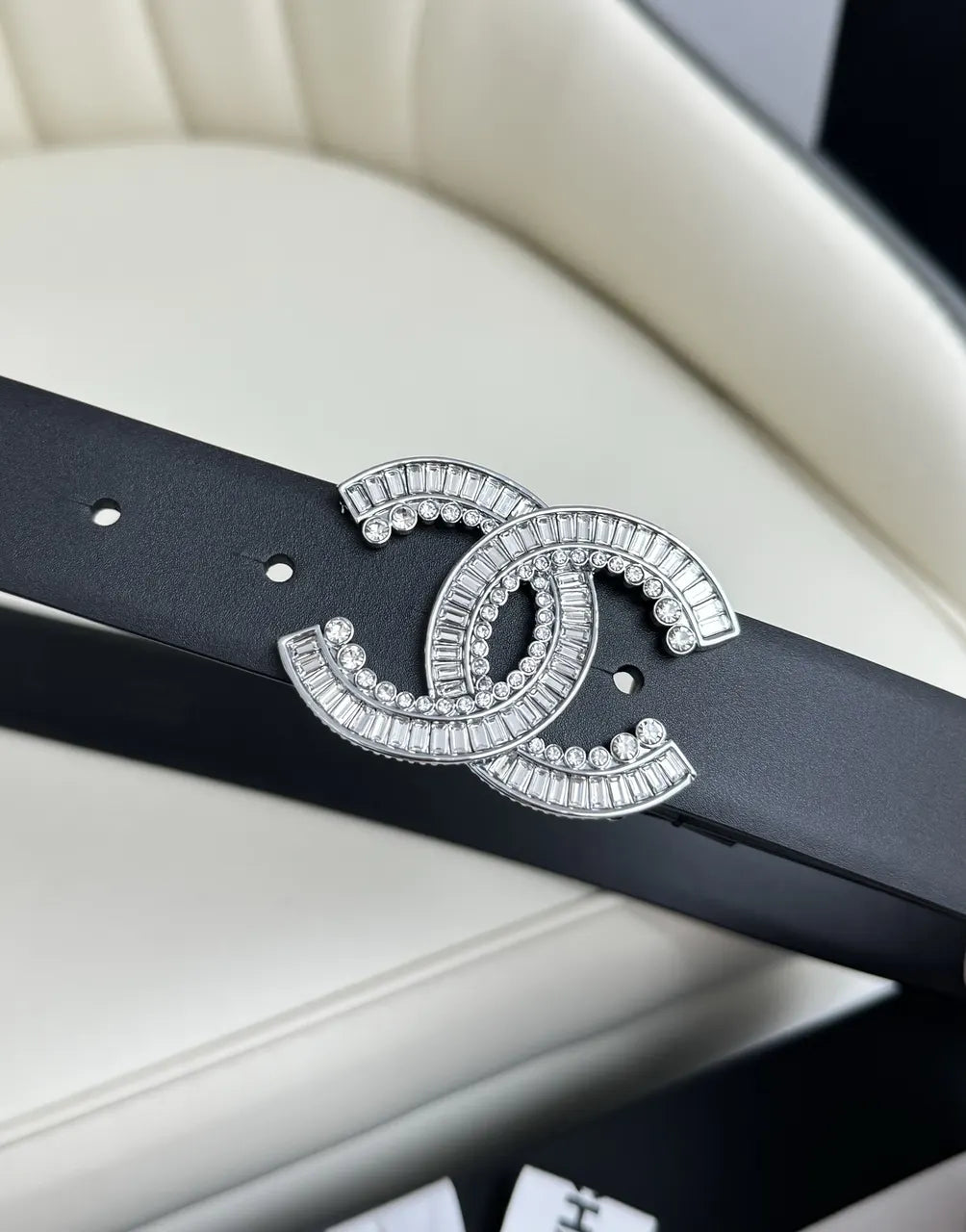 rhinestone Chanel Black Leather Belt - Hình 5