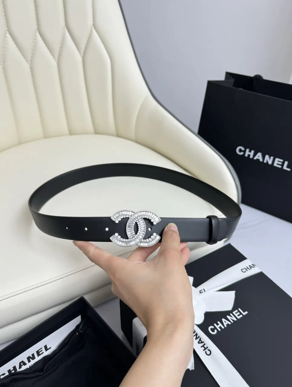 rhinestone Chanel Black Leather Belt - Hình 8