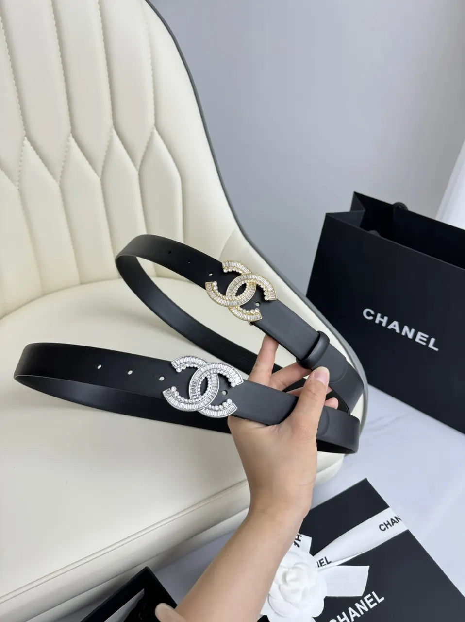 rhinestone Chanel Black Leather Belt - Hình 9