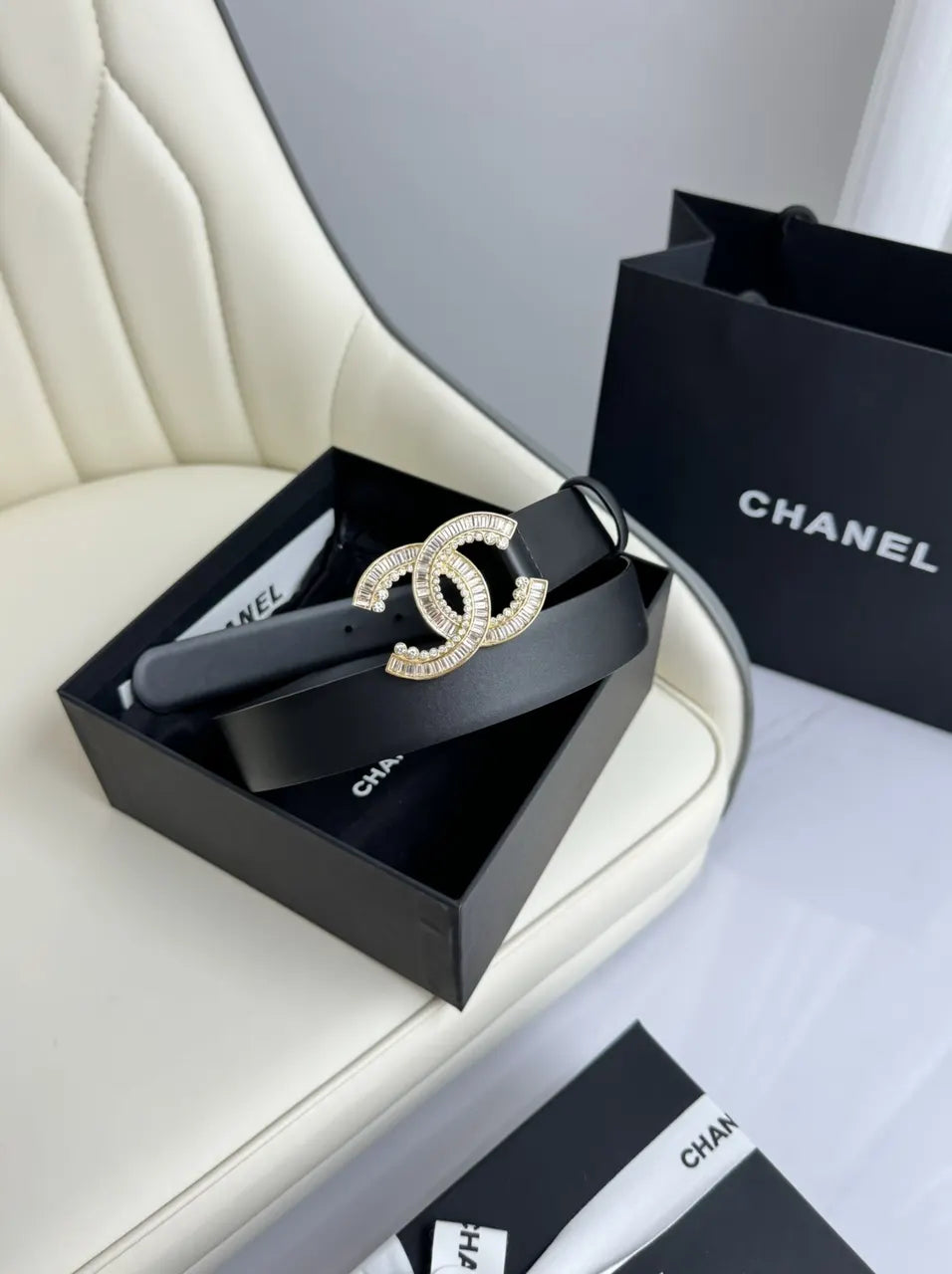 gold Chanel Black Leather Belt