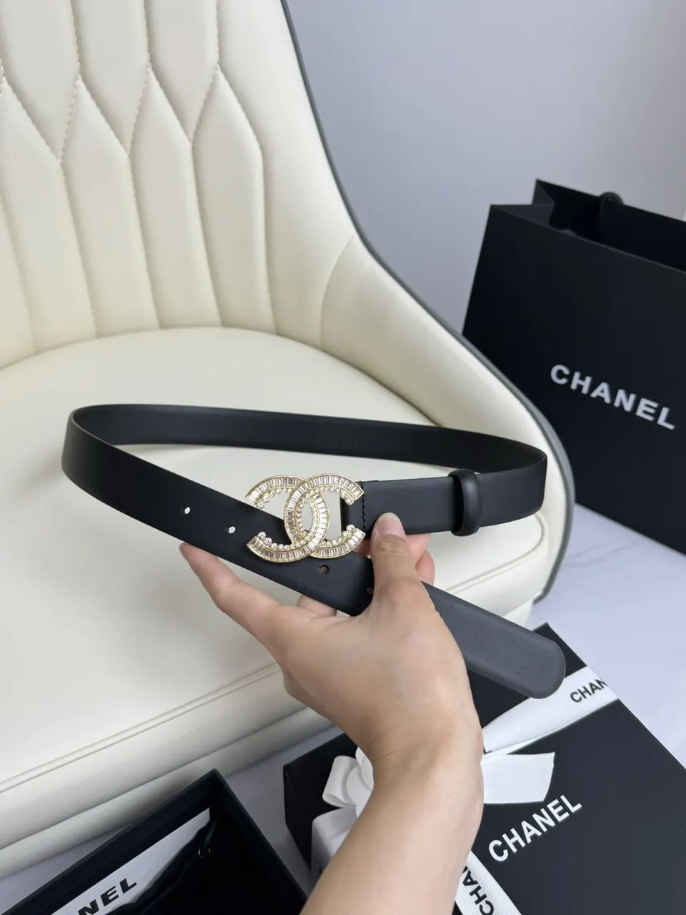 gold Chanel Black Leather Belt - Hình 3