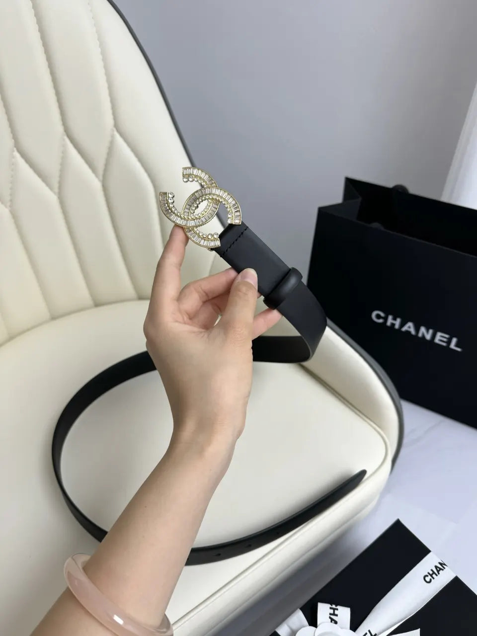 gold Chanel Black Leather Belt - Hình 4