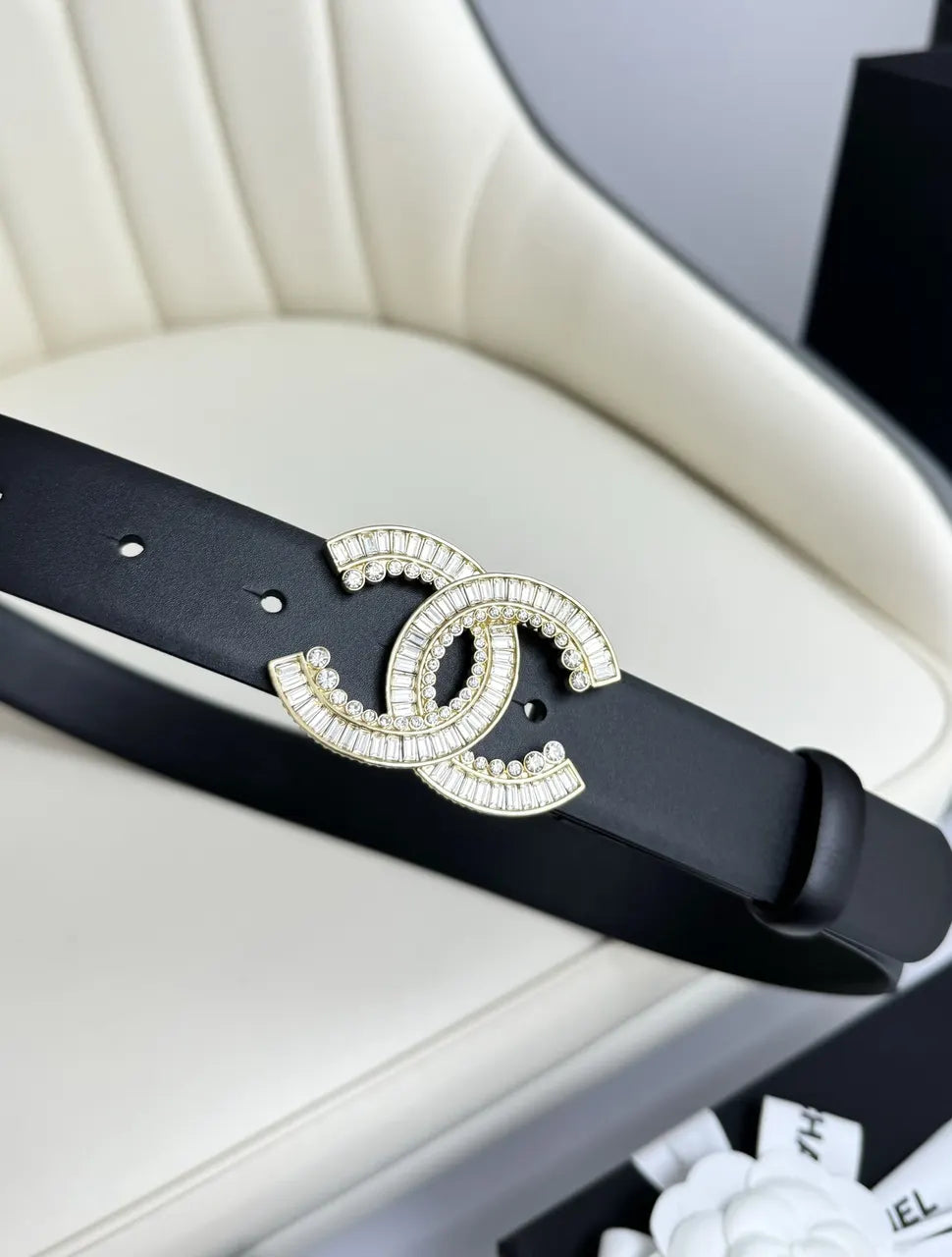 gold Chanel Black Leather Belt - Hình 5