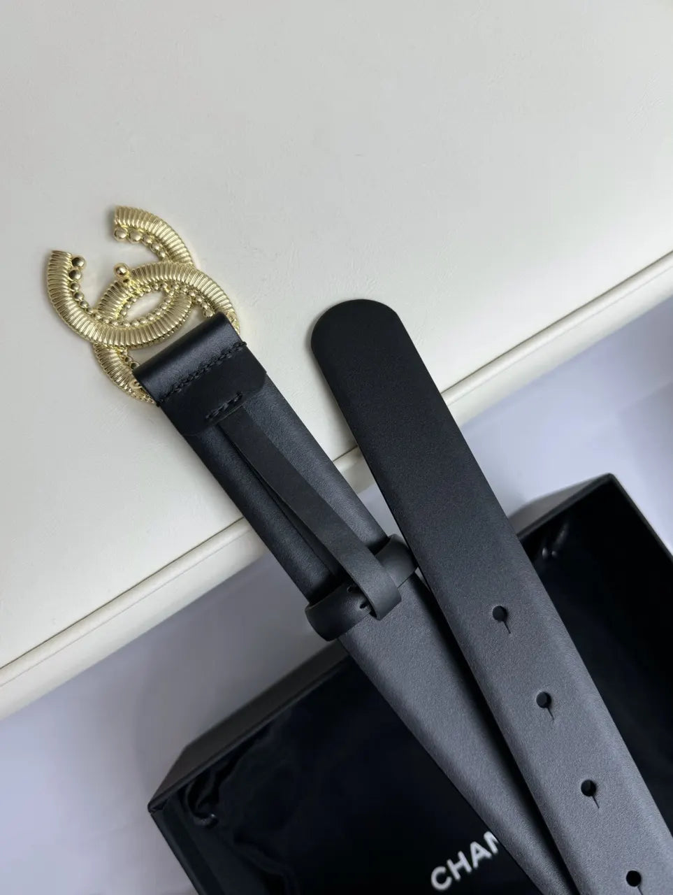 gold Chanel Black Leather Belt - Hình 6