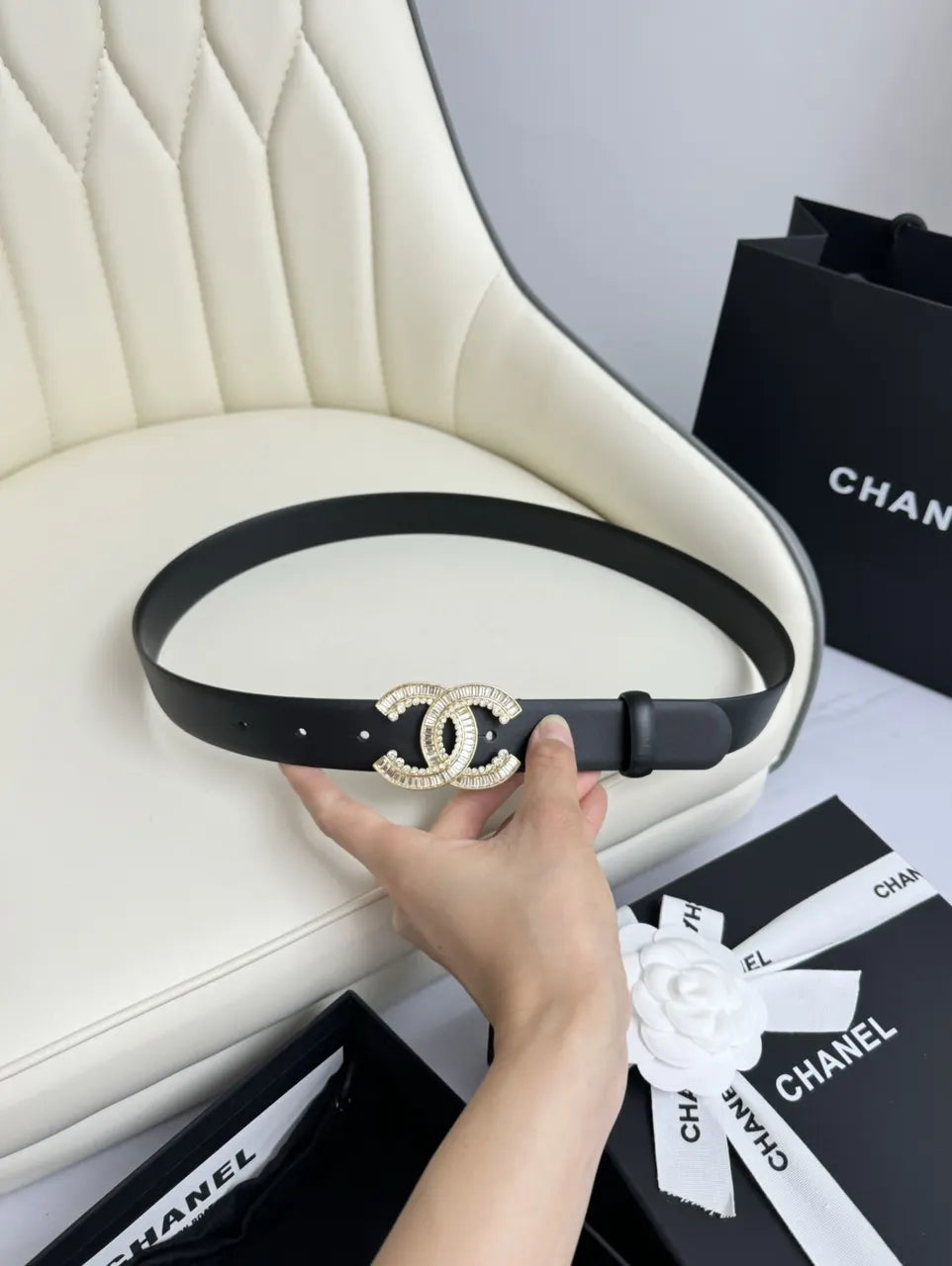 gold Chanel Black Leather Belt - Hình 8