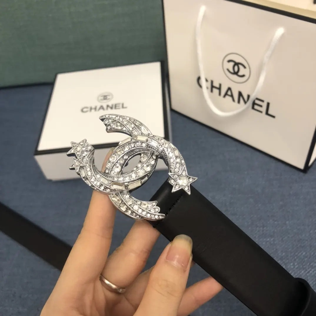 crystal Chanel Black Leather Belt