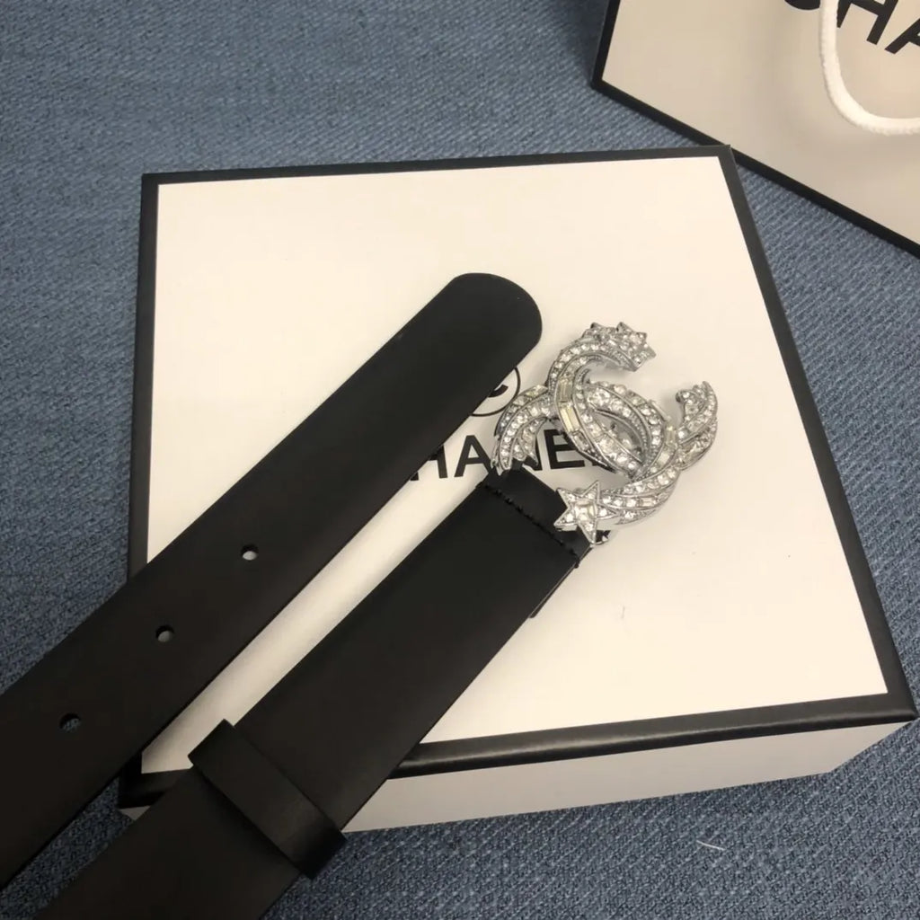 crystal Chanel Black Leather Belt - Hình 2