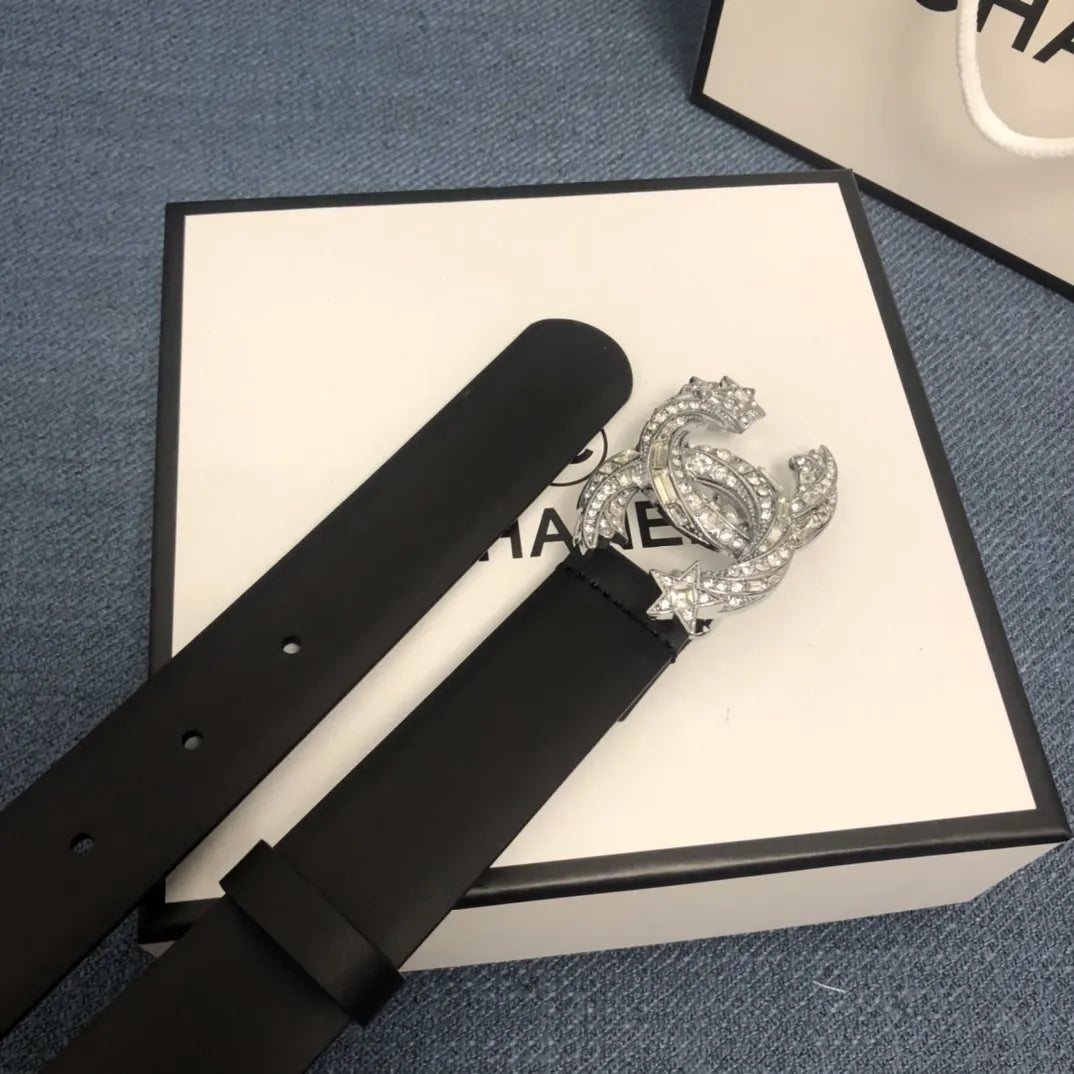 crystal Chanel Black Leather Belt - Hình 2