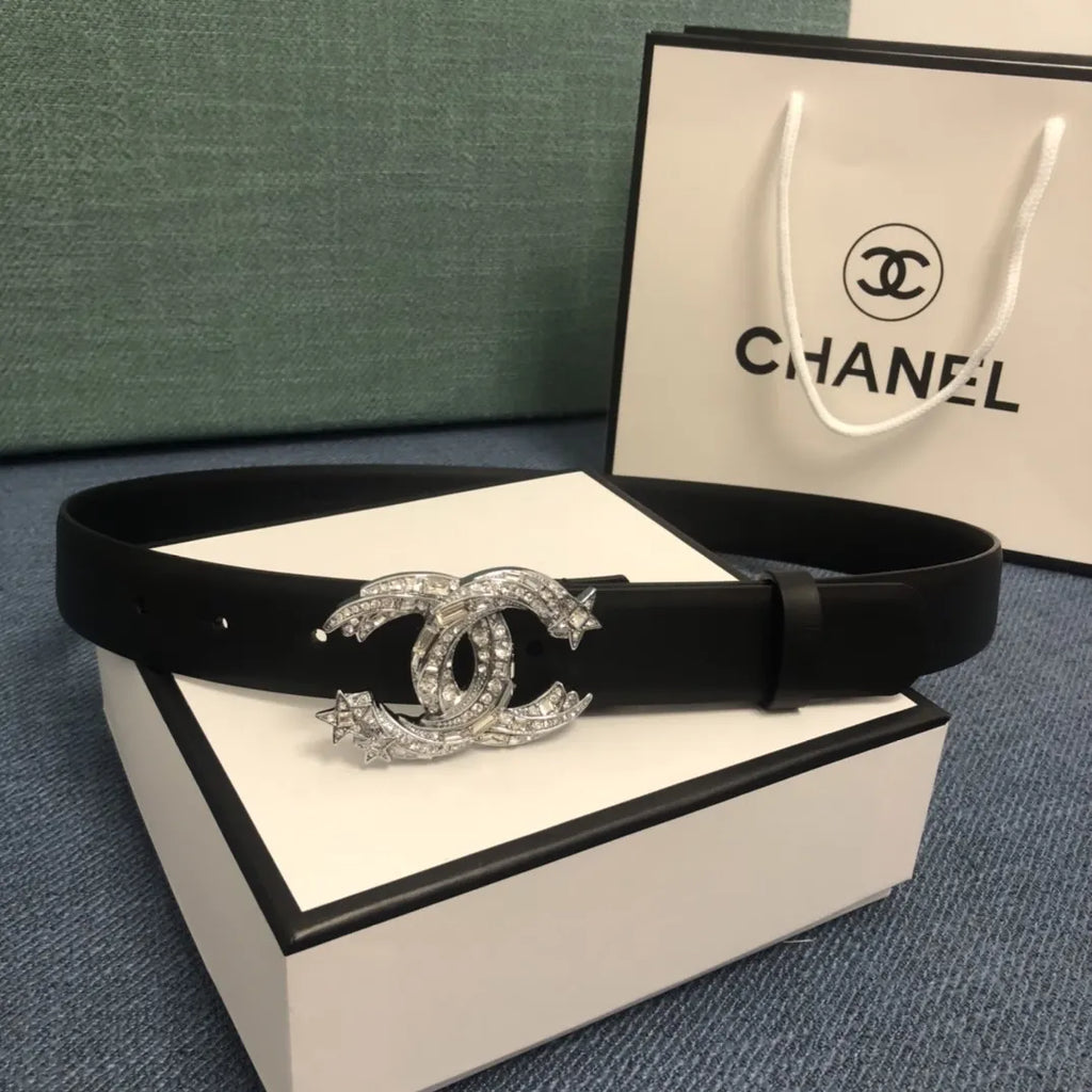 crystal Chanel Black Leather Belt - Hình 3