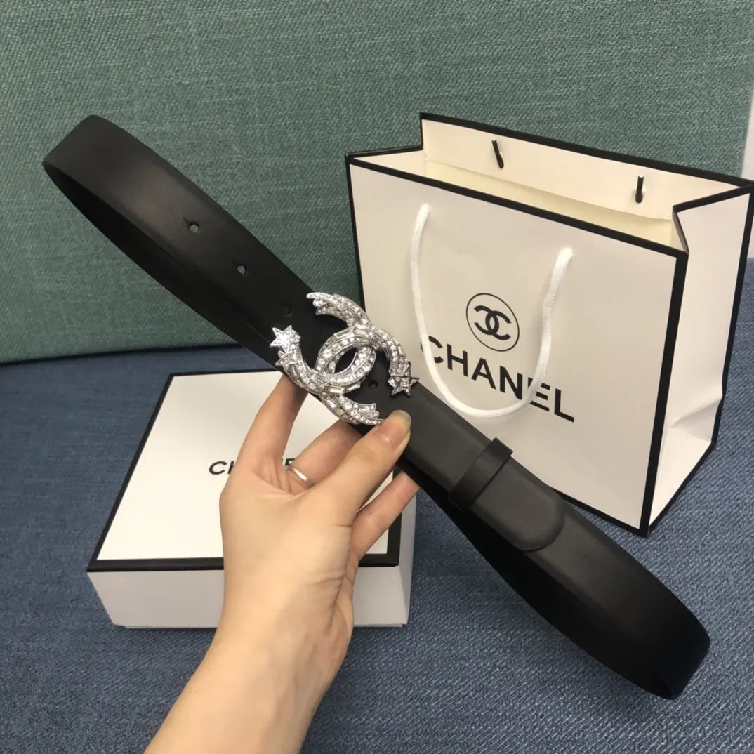 crystal Chanel Black Leather Belt - Hình 4