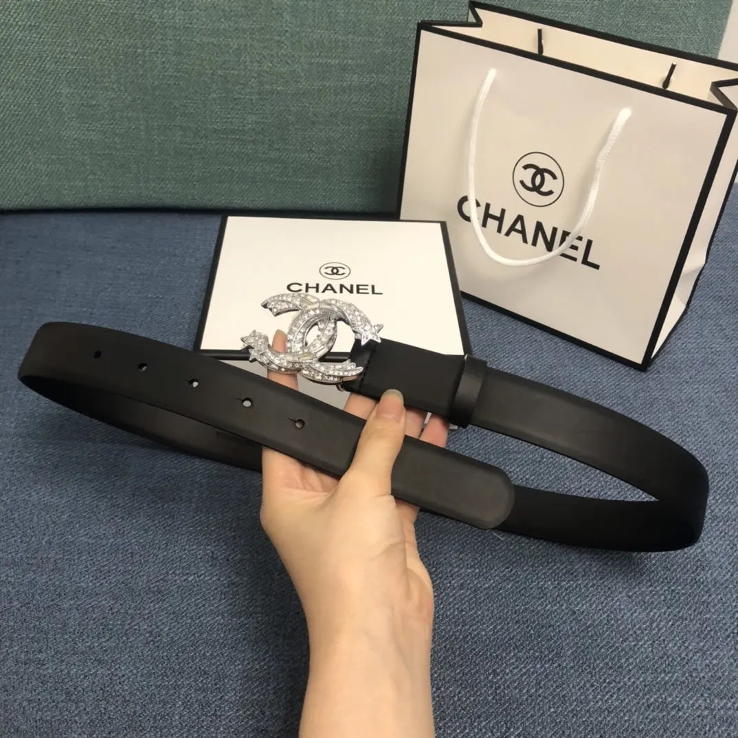 crystal Chanel Black Leather Belt - Hình 5
